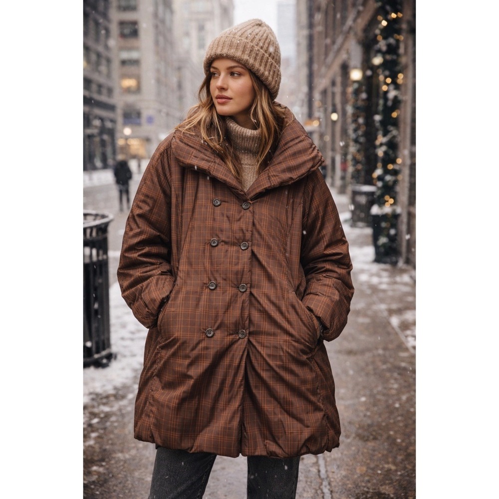 Aventura Plaid Puffer Coat Sz‎ Large Double Breasted Brown Orange Boho Chic Rare
